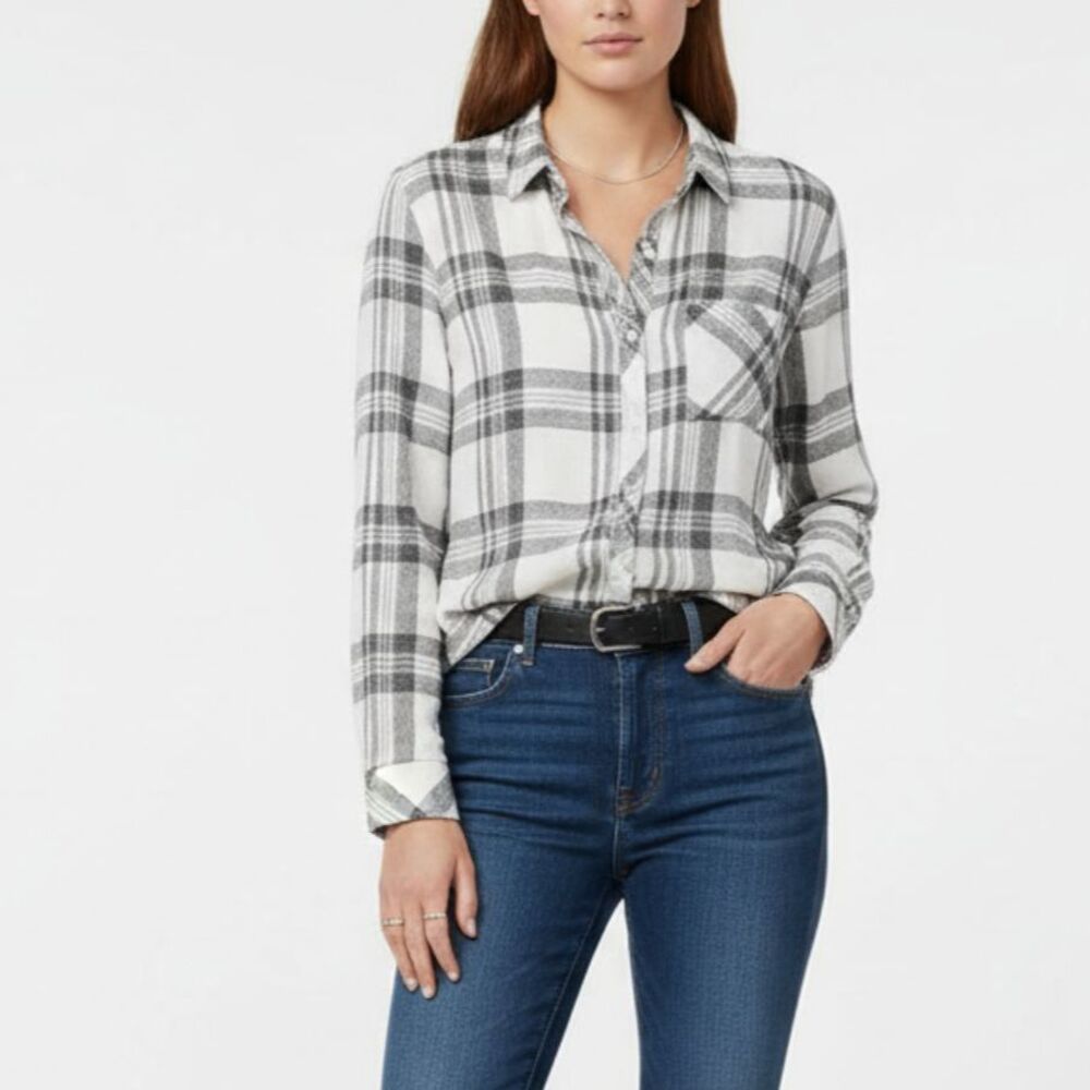 Rails Black & White Plaid Checker Gingham Long Sleeve Button Up Top M